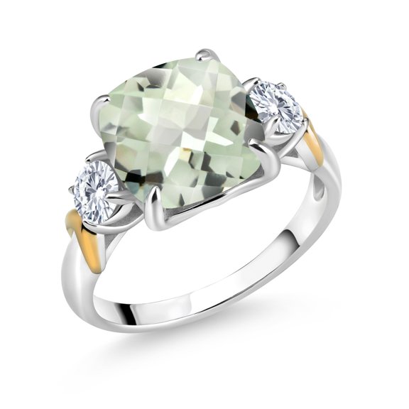 Gem Stone King 925 Silver and 10K Yellow Gold Green Prasiolite and Moissanite 3 Stone Ring for Women (4.21 Cttw, Gemstone Birthstone, Cushion 10MM, Round 4MM, Size 8)
