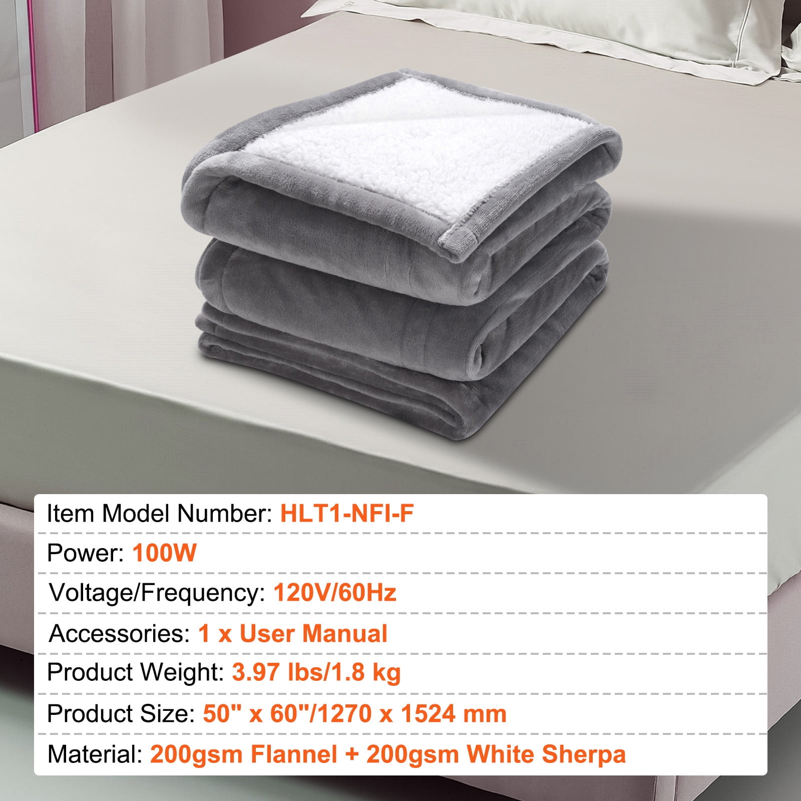 VEVOR 50" x 60" Electric Heated Throw Blanket, Flannel & Sherpa Throw Heating Blanket with 5 Heating Levels and 3hrs Timer Auto-Off, ETL Certification