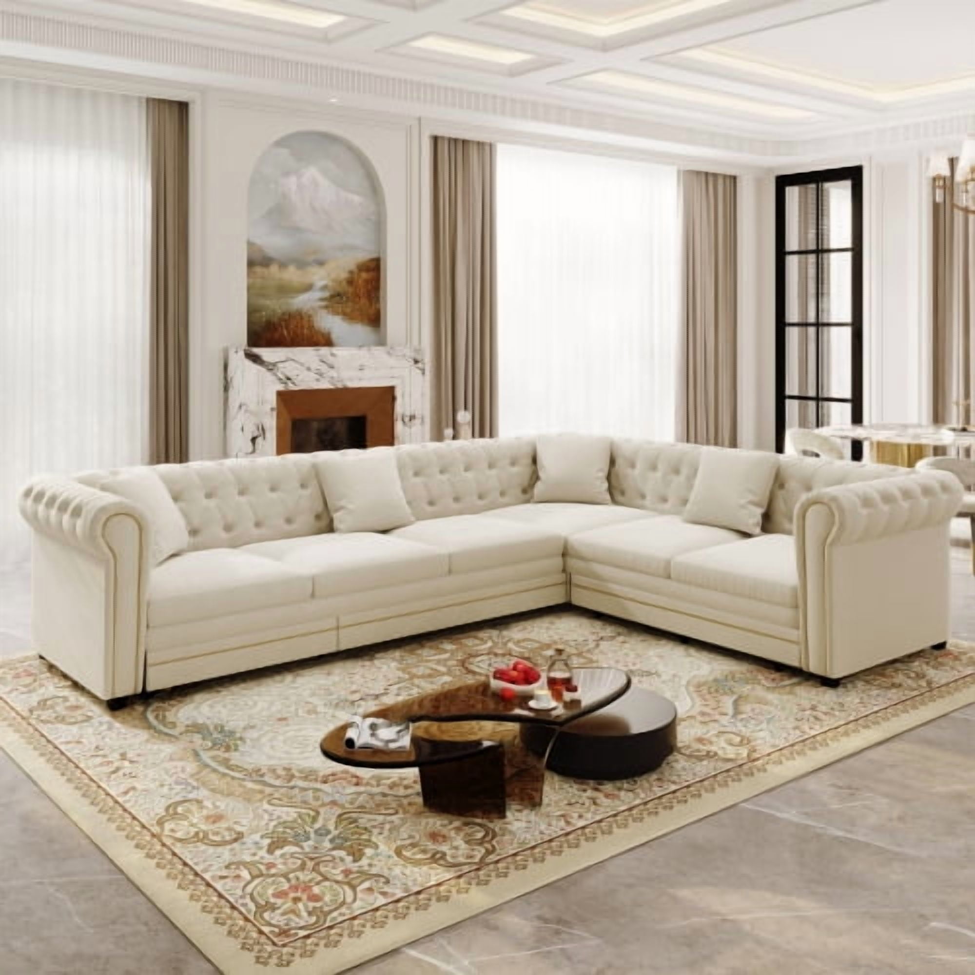 115.3" L-Shaped Velvet Sofa Bed, Button Tufted Pull-Out Sleeper, Gold Trim Rolled Arms, Beige