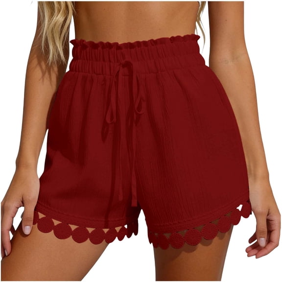 Costeam Womens Elastic High Waist Lace Trim Shorts with Drawstring and Scalloped Hem Casual Summer Beach Shorts