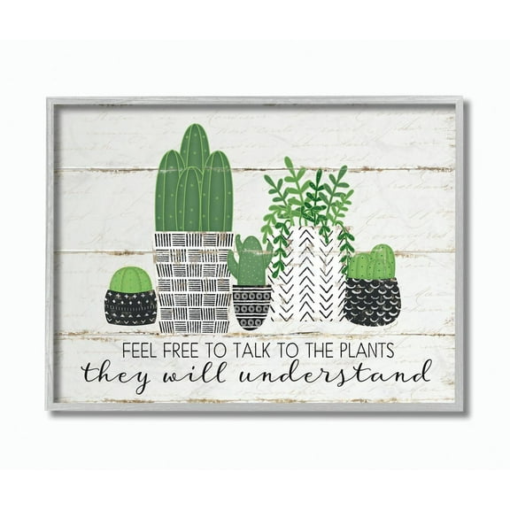 Stupell Home Décor Industries Feel Free To Talk Cacti Succulents Wood Textured Design Framed Wall Art by Jennifer Pugh