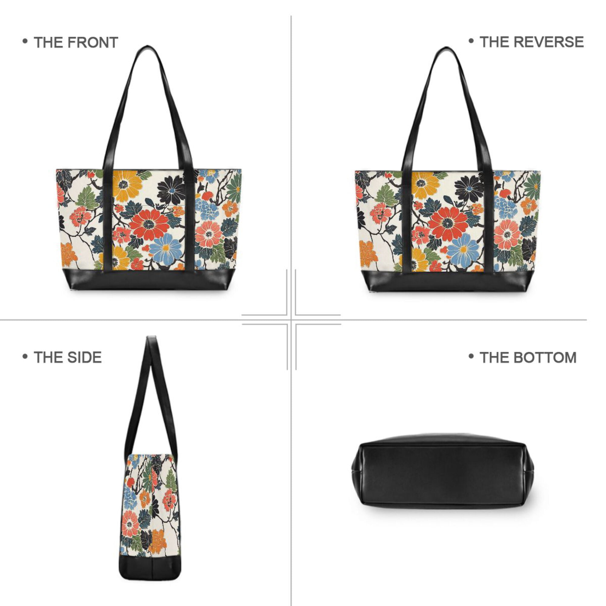 FORMRS Canvas Laptop Tote Bag for Women with 15.6" Computer Compartments Shoulder Handbag, Black Flowers Pattern