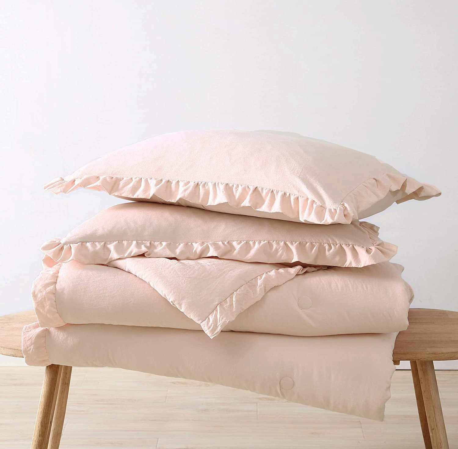 Chezmoi Collection Nora 3-Piece Blush Pink Ruffled Edge Trim Microfiber Comforter Set, Queen Size