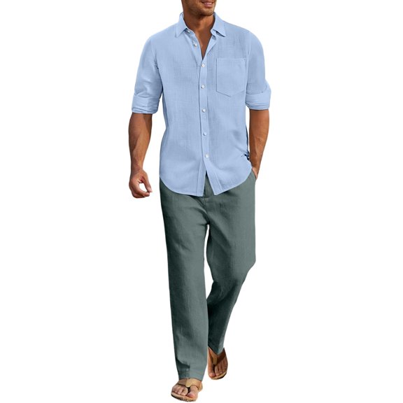 Letdown Mens Linen 2 Piece Outfits Casual Summer Beach Solid Color Button Down Shirt Loose Pants Set Lightweight Breathable Outfits with Pockets