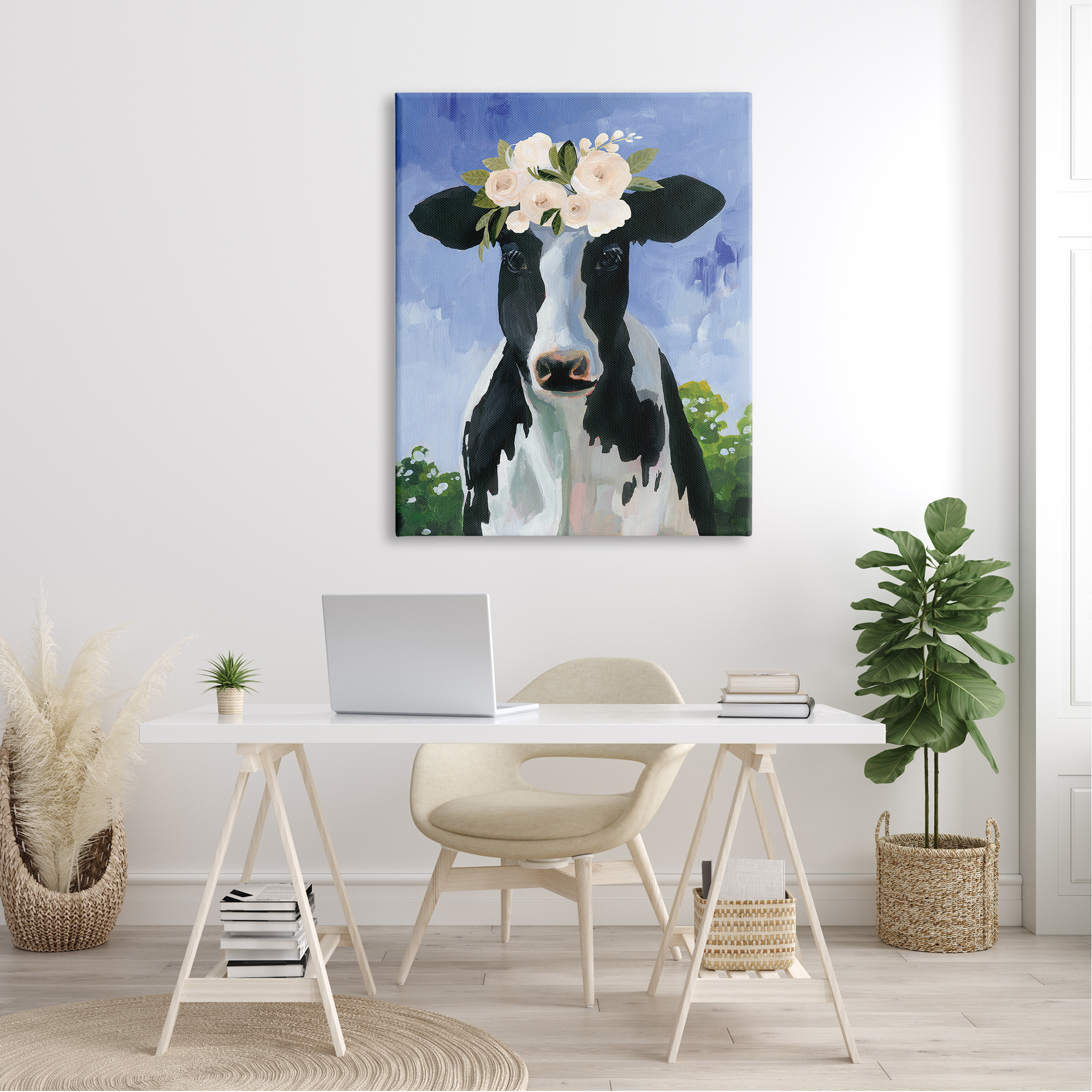 Stupell Industries Country Cow Cattle Flower Crown Roses Botanical Fam Canvas Wall Art, 36 x 48, Design by Caverly Smith