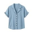 thumbnail image 5 of VBVC Women's Ruffle Short Sleeve Collared Shirt, Ladies' V-Neck Button Down Blouse, Casual Solid Color Summer Top For Women,Blue,S-2XL, 5 of 9