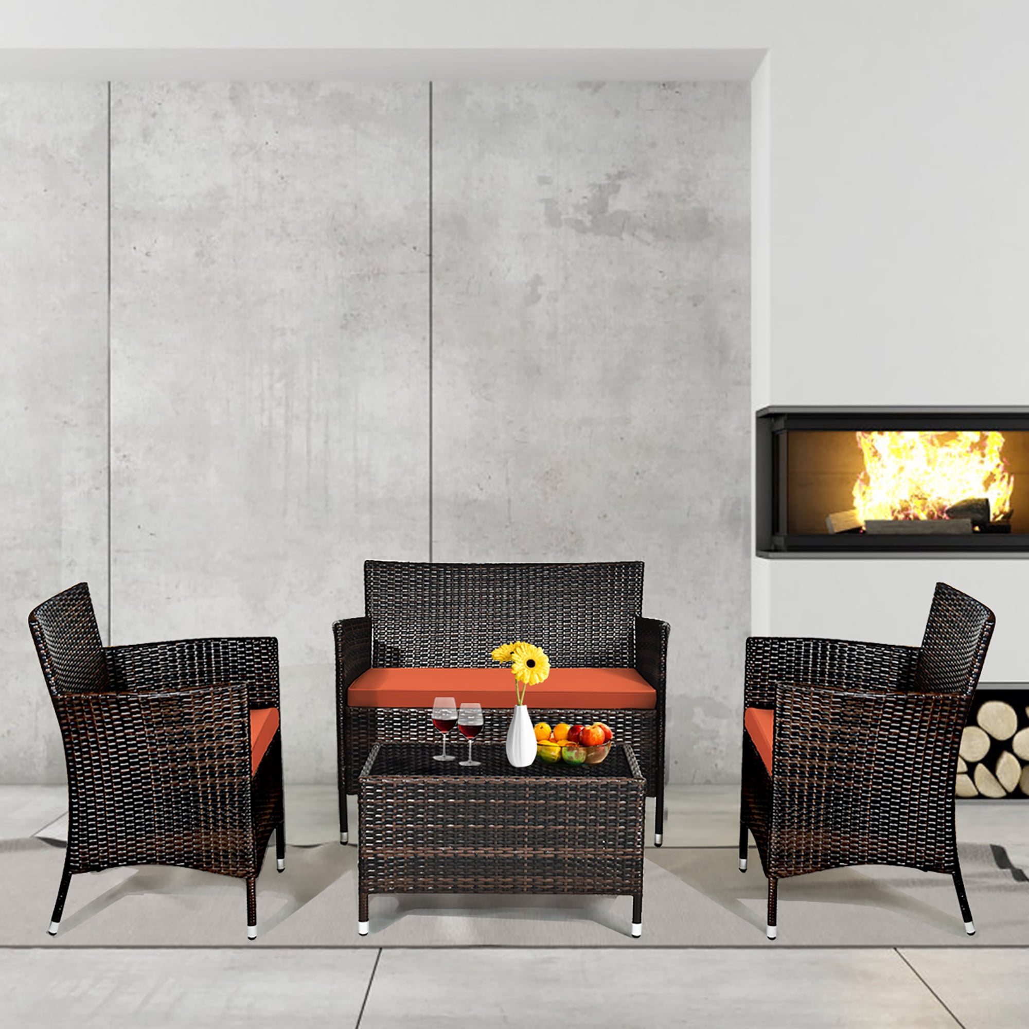 Gymax 4PCS Patio Rattan Conversation Furniture Set Outdoor w/ Orange Cushion