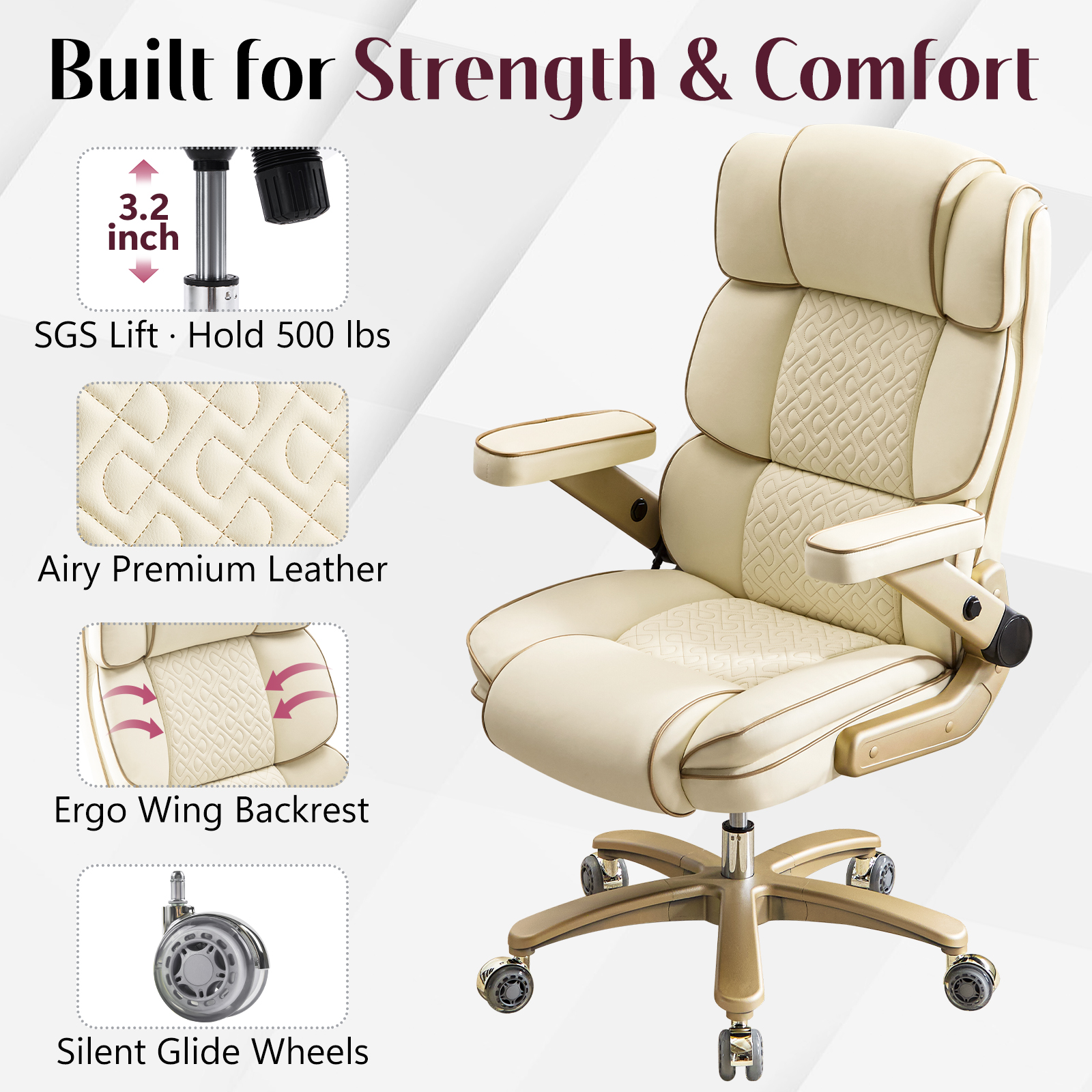 Falvinoryn Big and Tall Office Chair 500LBS, Ergonomic High Back Executive Office Chair, Adjustable Lumbar Support, Flip Arms, Locking Wheels Large Computer Desk Chair, Beige