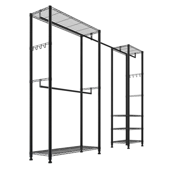 LANKANG Black Freestanding Carbon Steel Garment Rack 800 LBS Load with Adjustable Shelves & Extendable Hanging Rods