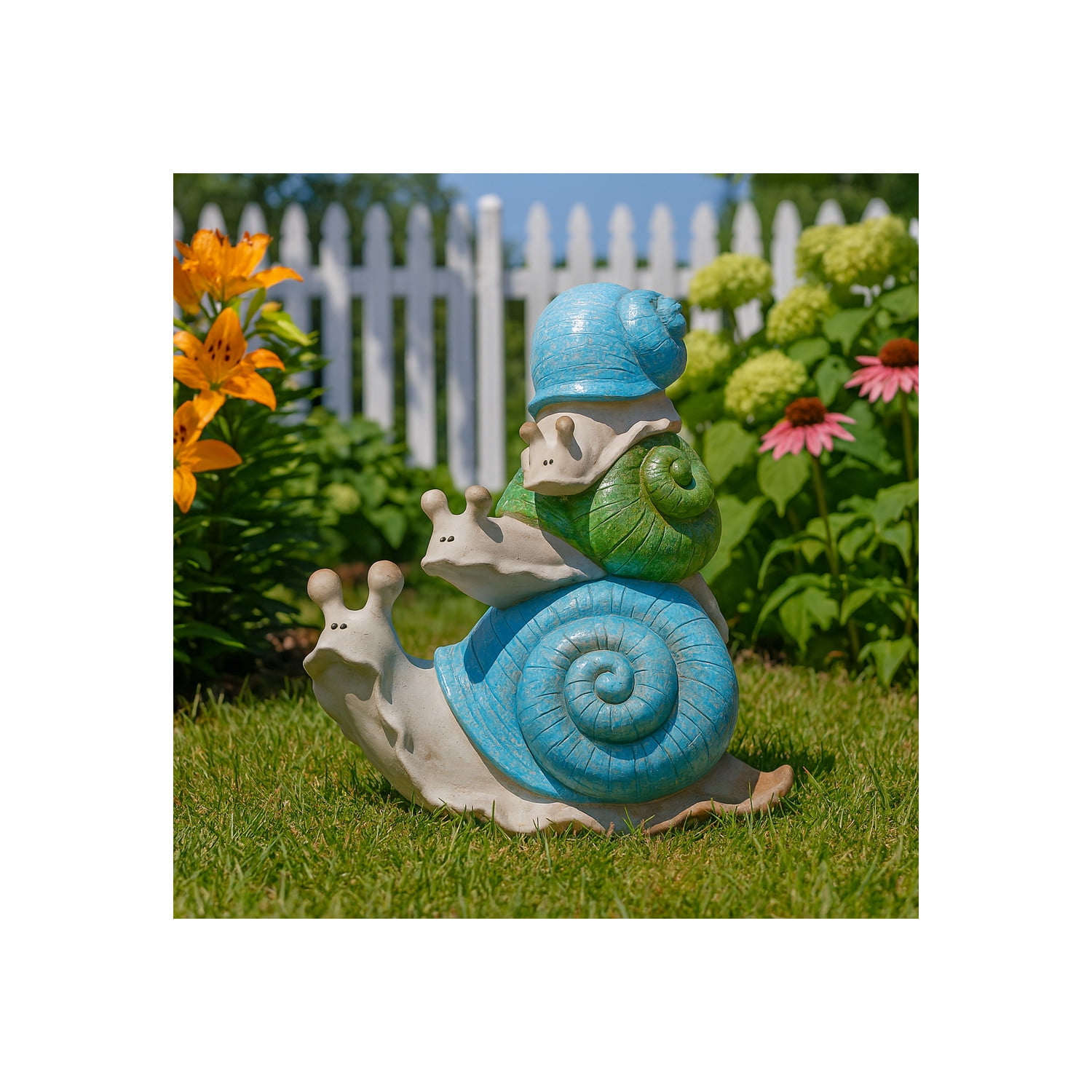 Whimsical Garden Decor Stacked Snail Sculpture - Front Porch Accent and Outdoor Decor for Backyard or Patio Setting - Yard Statue Art for Flower Bed, Planters, or Walkway Display - 15", Ivory & Blue