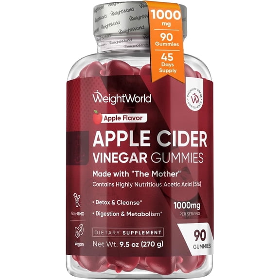 WeightWorld Apple Cider Vinegar Gummies 1000mg with The Mother VIT C, B12-9-6, Beetroot | ACV Gummies - Digestion, Metabolism, Detox & Cleanse | Vegan Apple Cider Vinegar with Mother, 90 Count