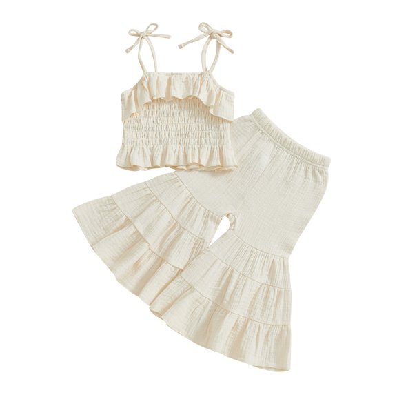 BemeyourBBs Toddler Girl Summer Clothes Infant Baby Girls Cotton Linen Outfit Strap Sleeveless Smocked Camisole Shirt Top and Bell Bottom Flare Pants Set Toddler Girls Summer Outfits