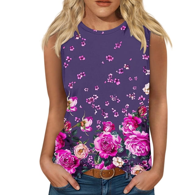 Snorda Débardeurs pour Femmes Grande Taille Débardeur Décontracté à Imprimé Floral Sans Manches à Encolure Ronde Blouse P-5TG