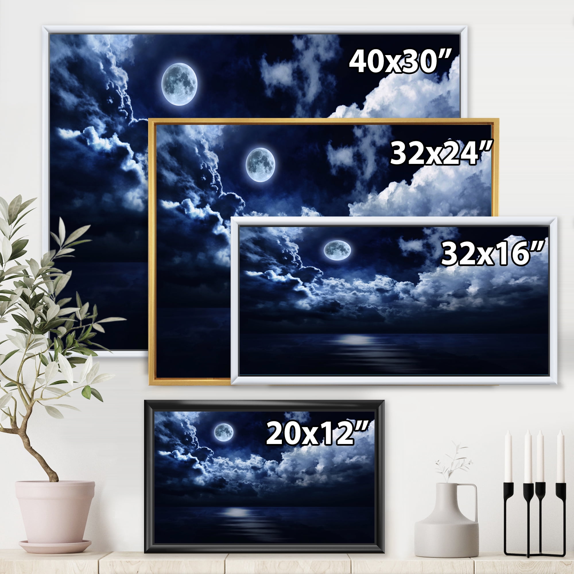 Designart 'Full Moon Night in Cloudy Sky' Modern Framed Canvas Wall Art Print