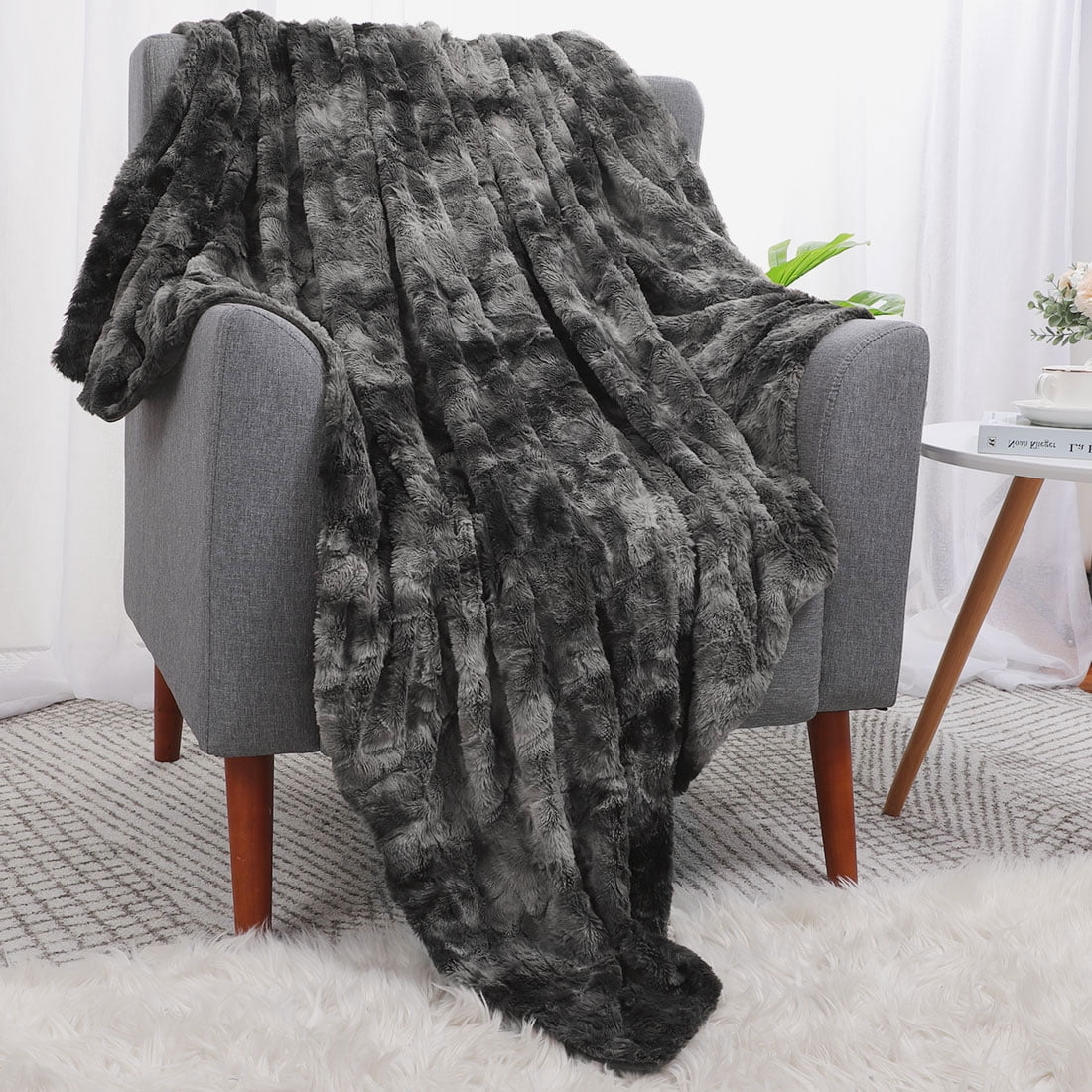 Unique Bargains Soft Fluffy Shaggy Faux Fur Blanket, Throw, Gunmetal