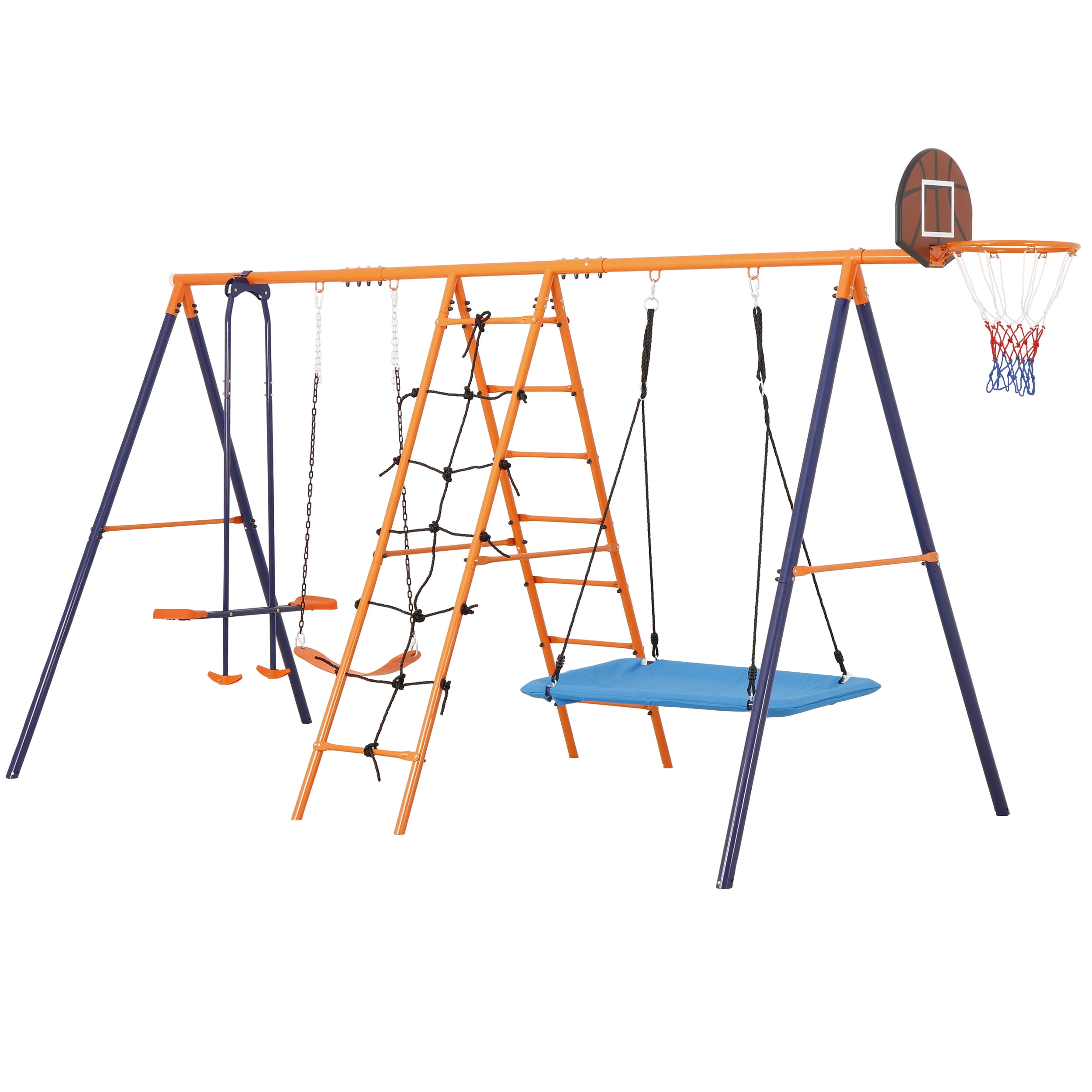 ZENSTYLE 6 in 1 Multifunctional Swing Set Steel Frame for Background with Seesaw, Basketball Rim, Climbing Ladder/Net