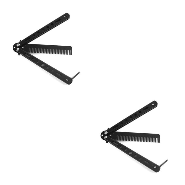 Qarigey Peine plegable de acero inoxidable para entrenamiento, cuchillo de mariposa, peine, barba, bigote, cepillo, herramienta de estilismo de Negro 2piezas