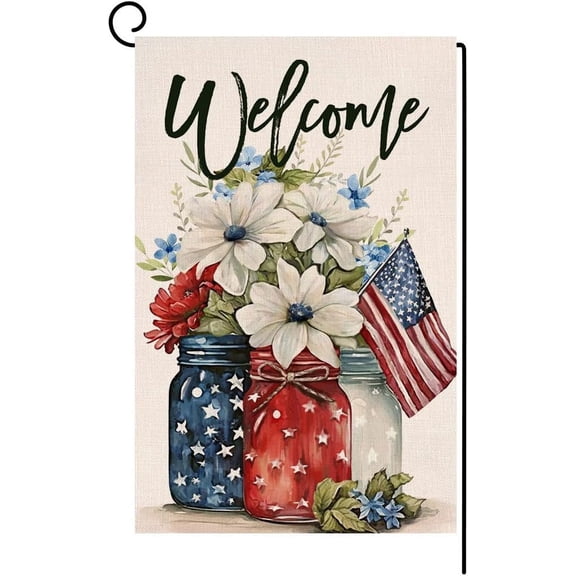 Shmbada 4th of July Floral Garden Flag 12x18 Vertical Double Sided Patriotic Mason Jar Flowers Red Blue Memorial Day Independence Day Holiday Outside Decorations Burlap Yard Flag