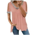 thumbnail image 2 of Usmixi Cute Tops for Women Short Sleeve V-Neck Solid T shirts Summer Lightweight Cold Shoulder Plus Size Tunic Blouse Pink XXXXL Clothes, 2 of 6