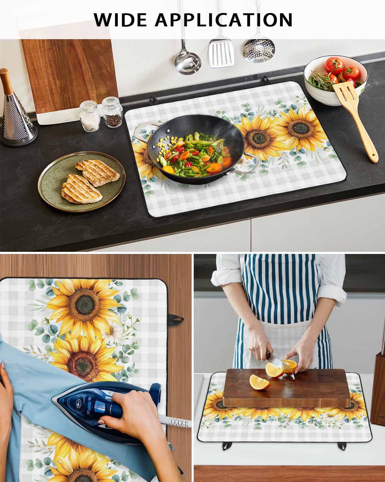 Large Induction Cooktop Protector Mat Sunflower Stove Top Covers for Electric Stove, Yellow Floral Grey Plaid Eucalyptus Leaves Decorative Stove Burner Cover Mats, Glass Top Stove Cover