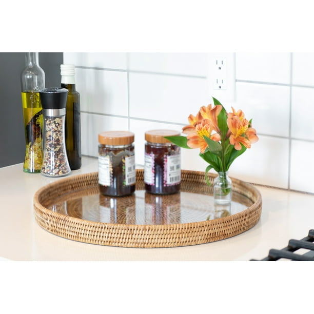 Artifacts Rattan™ Round ServingOttoman Tray with Glass Insert