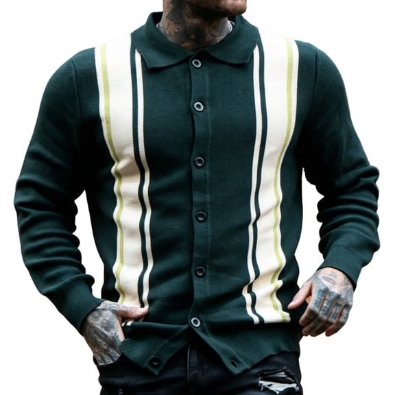 Smawell Men Striped Cardigan, Lapel Collar Button‑Up Knit Sweater, Vintage Vertical Stripe Long Sleeve Polo Knit Jacket For Men Daily Casual Outdoor Streetwear