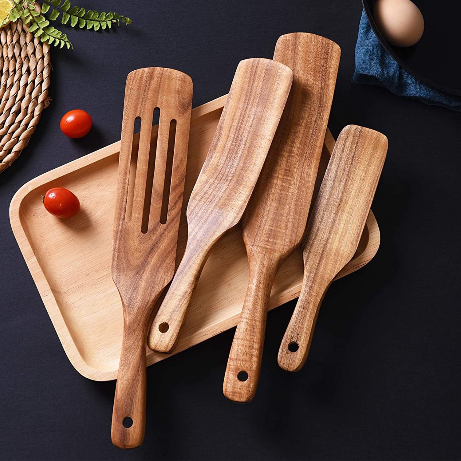 Wood Kitchen Spatula Set, 4pcs Natural Teak Wooden Spoons Non Stick Cookware Utensil Set for Cooking