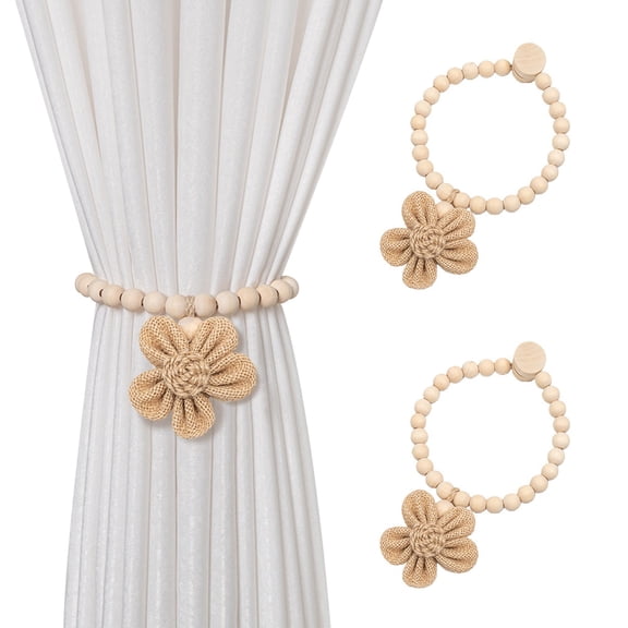 Magnetic Flower Curtain Tiebacks, 2 Pack Boho Wooden Beads Curtain Ties Elegant DIY Curtain Holdbacks, Decorative Window Drape Tie Backs for Bedroom Decor, Nursery Decor, Farmhouse Decor