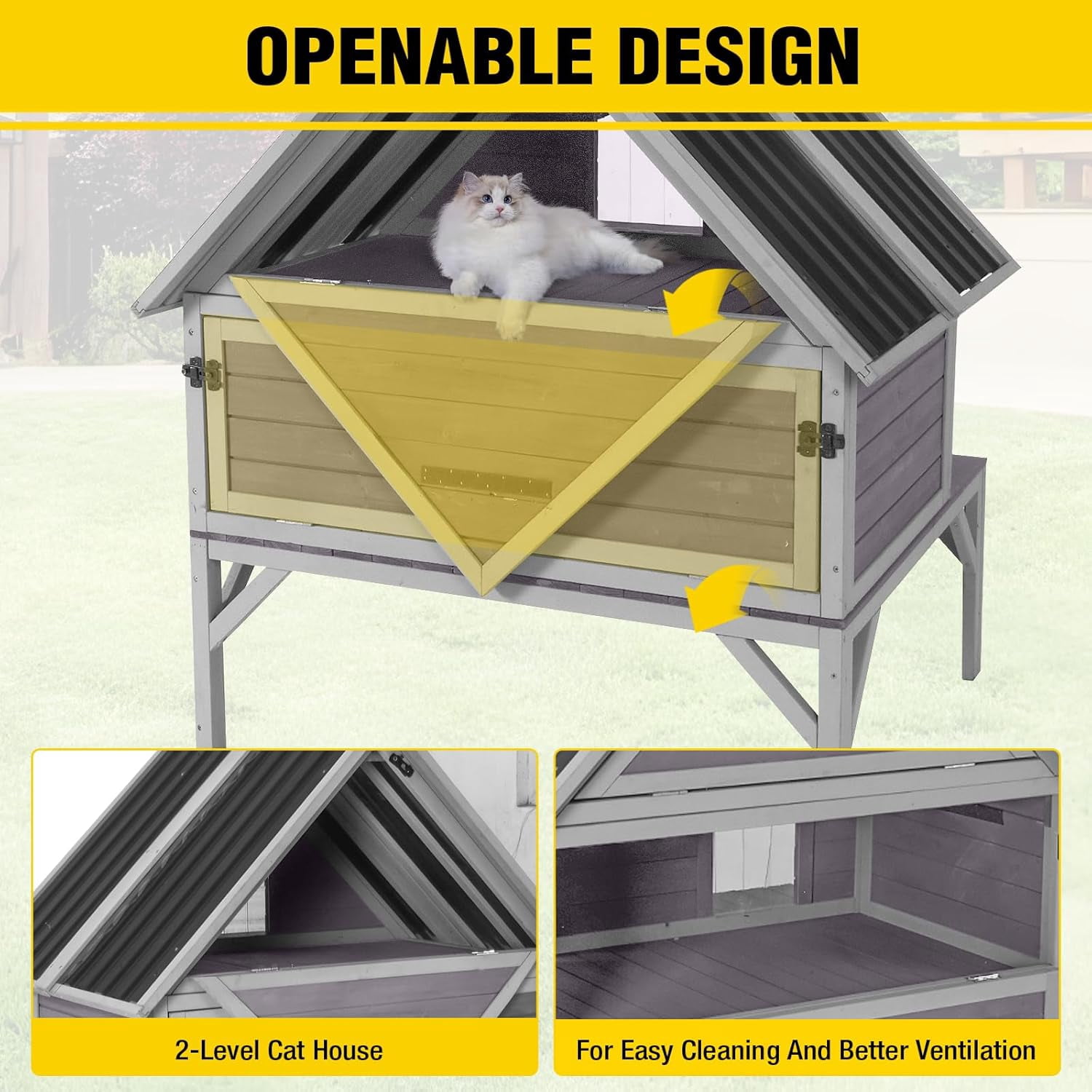 Aivituvin Heated Outdoor Cat House Insulated Cat Shelter with 2 Separate Levels, Insulated Liner, Heating Pad, Large Porch, Three Escape Doors for 2-4 Feral Cats Weatherproof