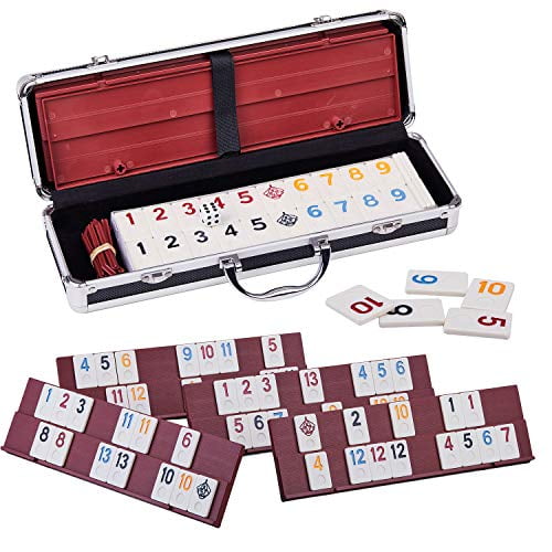 Rummy 106 Tiles Rummy with 4 Sturdy Racks& Instructions Rummy Tiles with Aluminum Case Suit for 2-6 Players