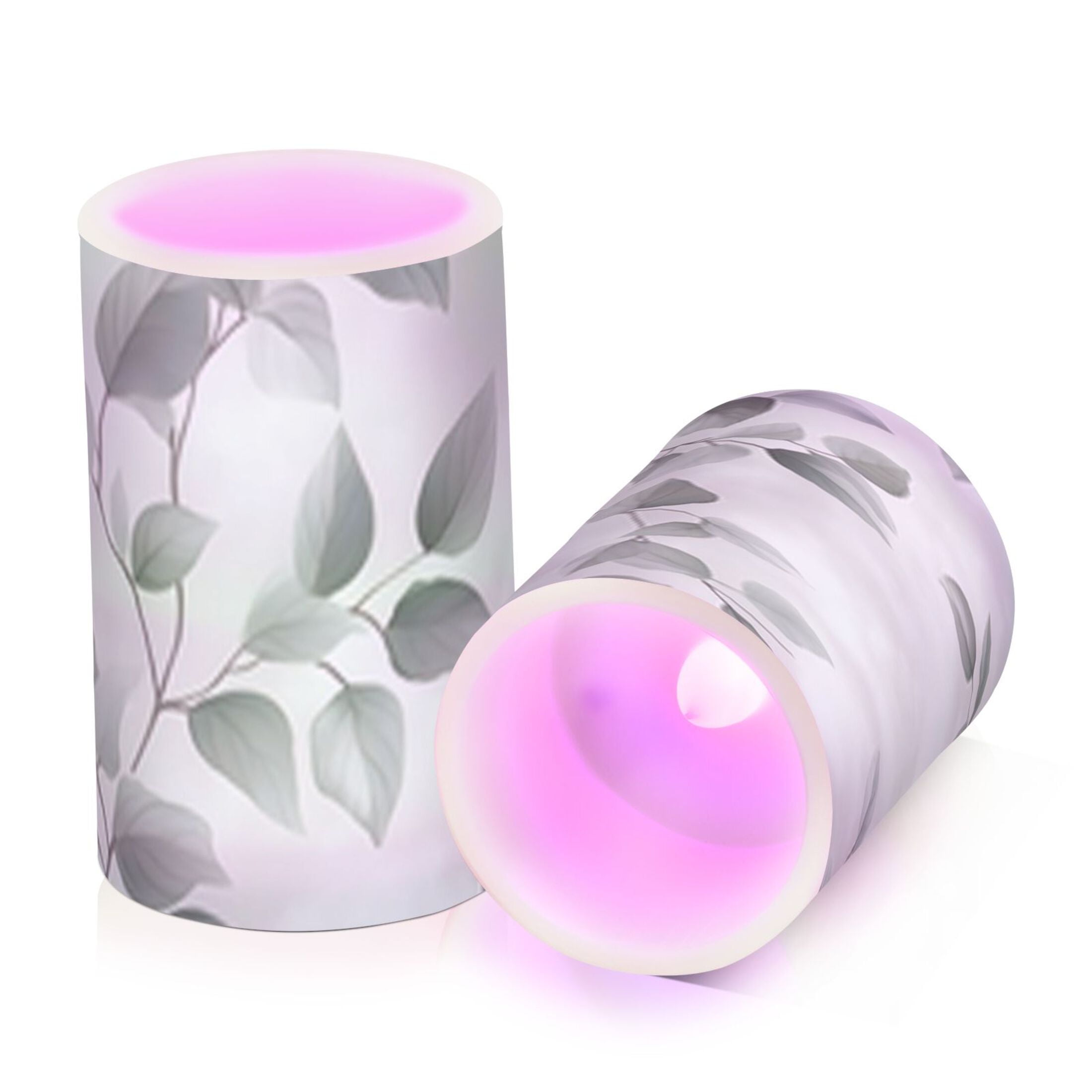 Watercolor Green Leaf Flickering Flameless Candles Battery Operated with Remote Timer LED Pillar Candles Set of 2