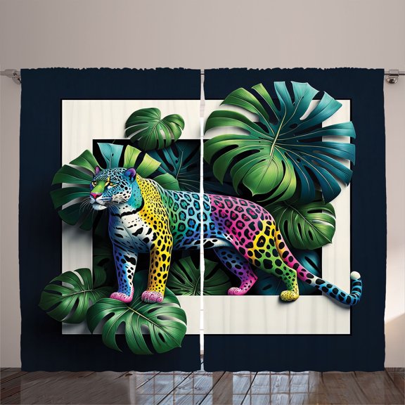 Ambesonne Leopard Curtains 2 Panel Set, Monstera Colorful Wilds, 108" x 90", Green Petrol Blue