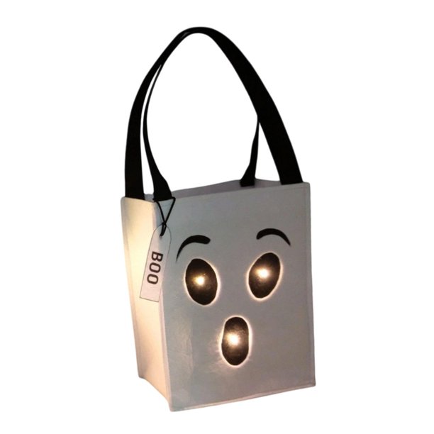 Bolsa de dulces de Halloween con luz, decoración para el hogar, asa portátil, ideal para regalar en Halloween. Blanco