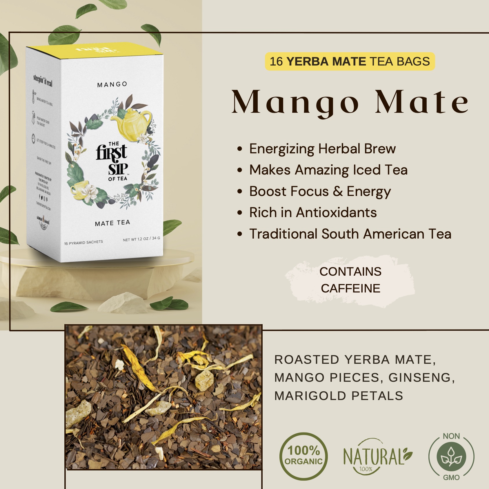 Spice Hut - Mango Yerba Mate Tea - High Caffeine, Clean Energy, Chlorogenic Acid Tea - 16 Tea Bags