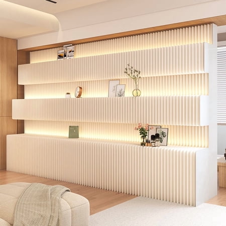 Kraft Paper Room Divider, Freestanding Foldable Partition Wall with Multi-Layer Display Shelf, Cream White Vertical Ribbed Privacy Screen for Bedroom Salon Exhibition