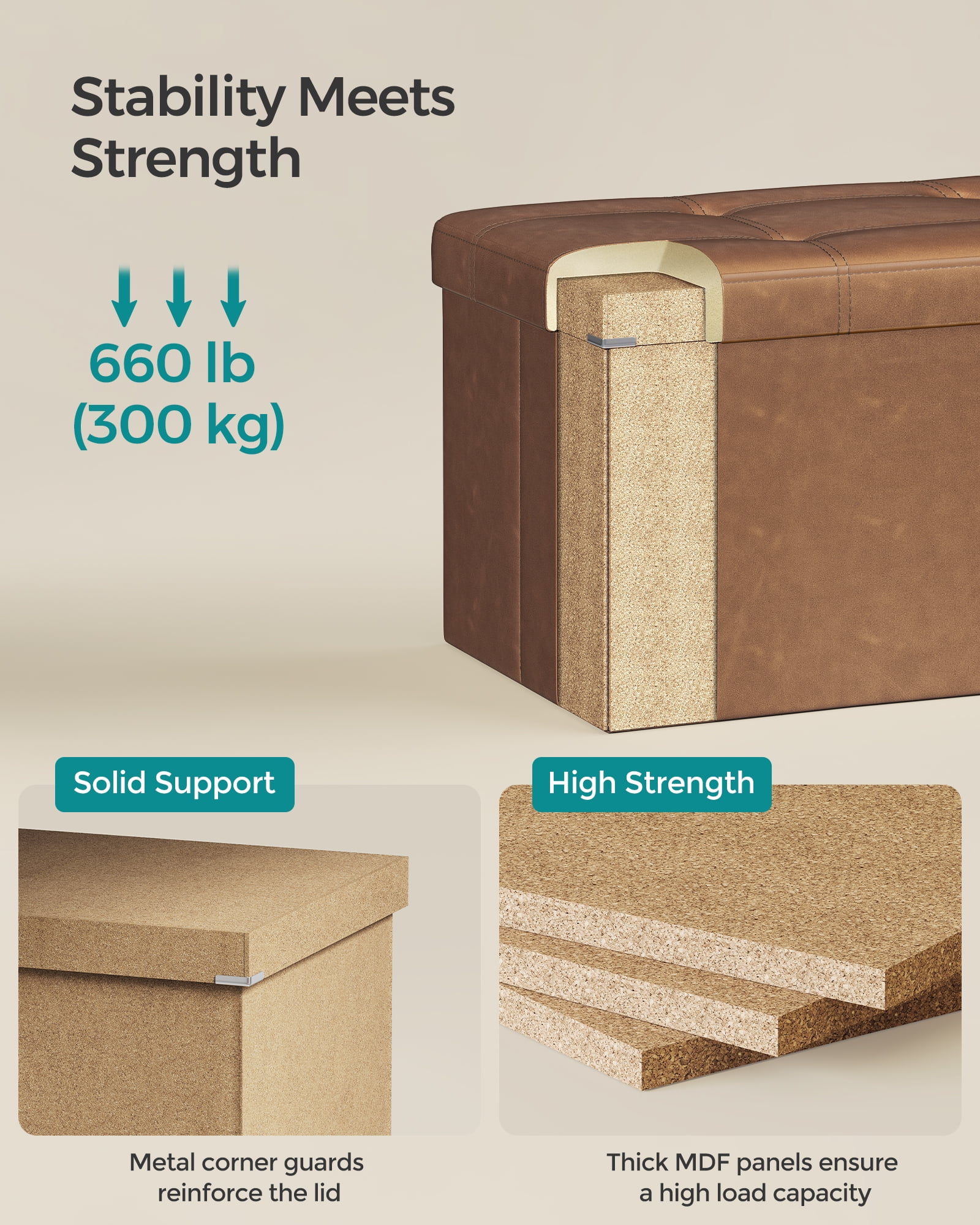 SONGMICS Folding Storage Ottoman Bench with Hidden Compartment, Reinforced MDF, Living Room & Bedroom Use, Foldable Setup, 30 Inch Footrest Stool, Storage Bench, Coffee Brown