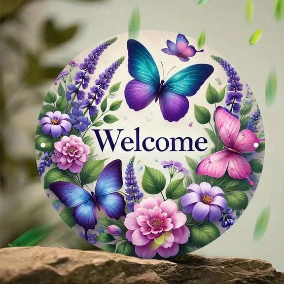 HELLOYOUNG Retro Purple Circle Butterfly Metal Wall Art Aluminum Hanging Sign Aesthetic Bedroom Living Room Decor, Elegant Chic Home Ornament Tinplate Decorative Plaques and Signs