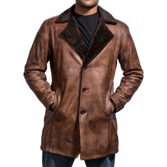 Brown Shearling Coat Mens Brown Leather Coat Jacket Brown Long Coat Brown Long Leather Jacket Fur Collar Coat Brown Mens Faux Shearling Coat size S