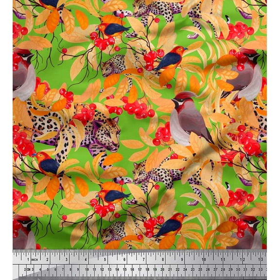 Soimoi Cotton Duck Fabric Leopard,Band Tailed Manakin & Bohemian Waxwing Bird Fabric Prints by Yard 42 Inch Wide