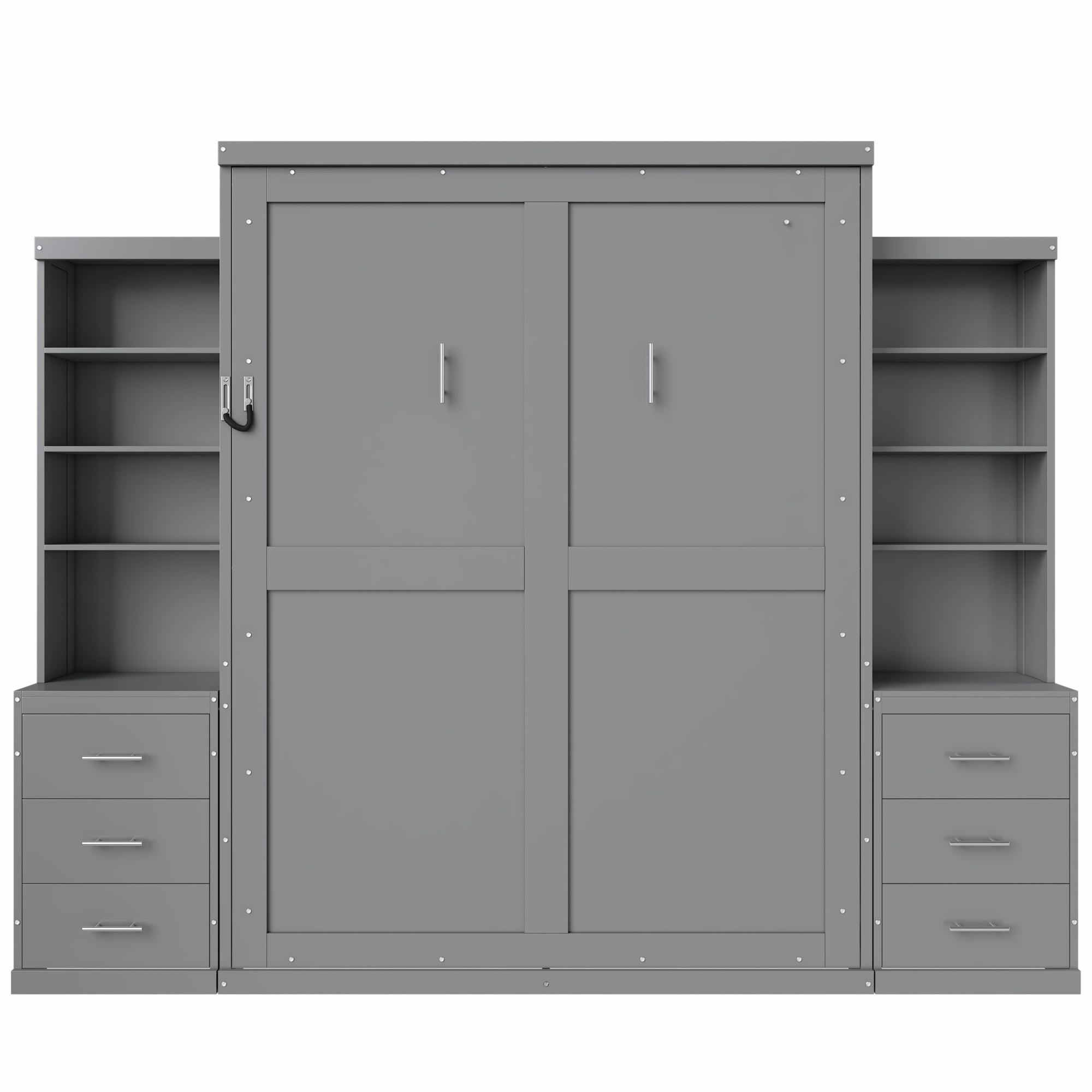 Full Size Murphy Bed with Dual 4 Storage Shelves and 3 Drawers Cabinet for Space-Saving Guest Room