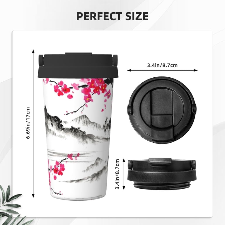 Insulated Coffee Mug With Lid Japanese Oil Painting Cherry Blossom