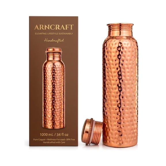 ARNCRAFT 100% Pure Copper Bottle (34oz) Handcrafted Water Bottle hammered finish leak proof and lab tested Perfect for gym travel office gifting (1005 ml)
