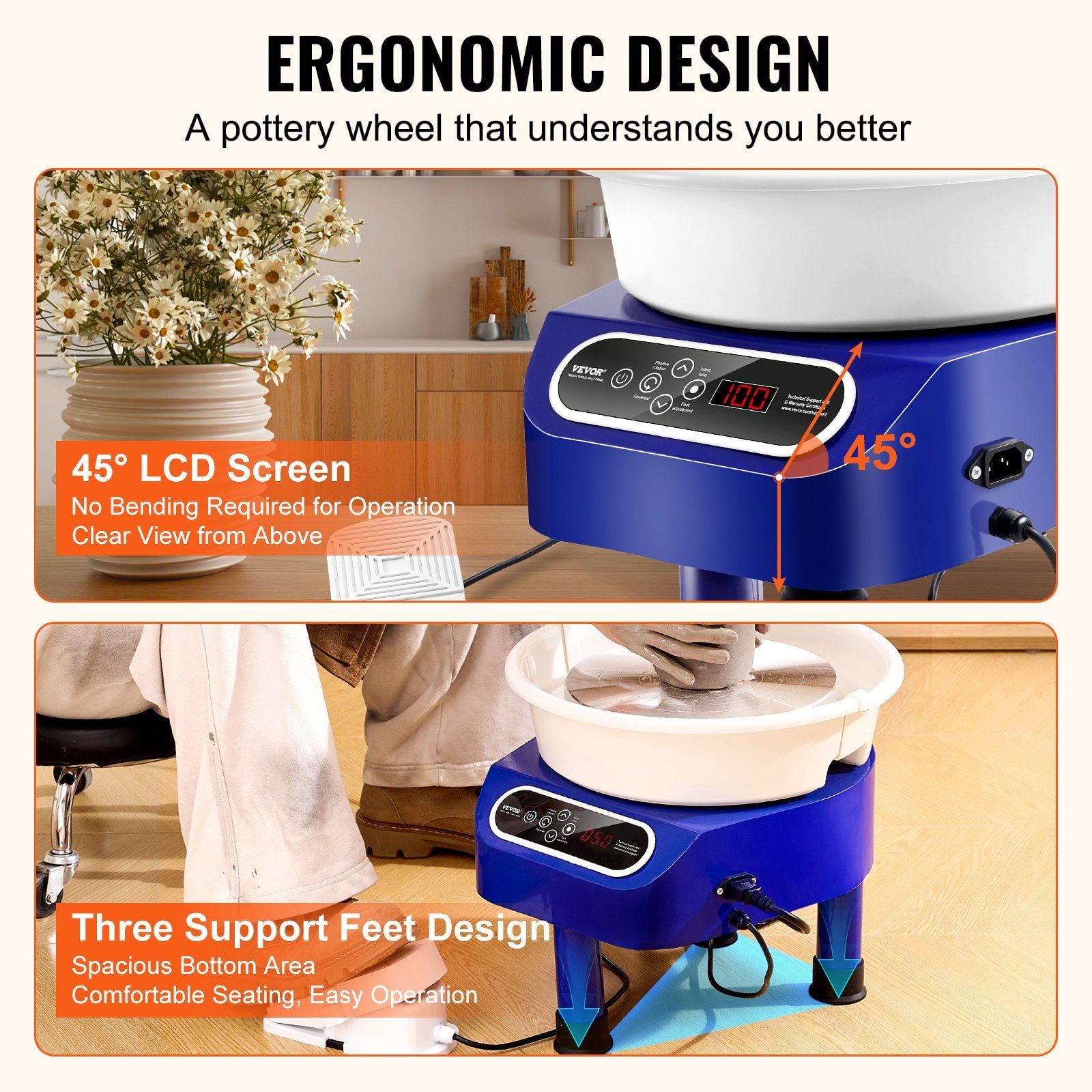 Pottery Wheel, 10 Inch Ceramic Wheel Pottery Machine, 350W Electric Pottery Wheel with Foot Pedal & LCD Touch Panel, Direct Drive DIY Clay Art Tool with Heavy-Duty Tripod Base, Blue
