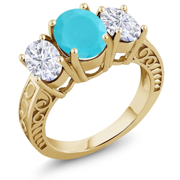 Gem Stone King 18K Yellow Gold Plated Silver 3-Stone Ring Oval Green Turquoise and Moissanite (3.30 Cttw, Size 9)