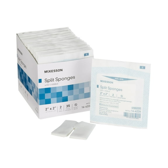 McKesson Split Sponges, Sterile, 100% Cotton, I.V. Drain Split Dressing, 6-Ply, 2 in. x 2 in., 2 per Pack, 35 Packs, 70 Total