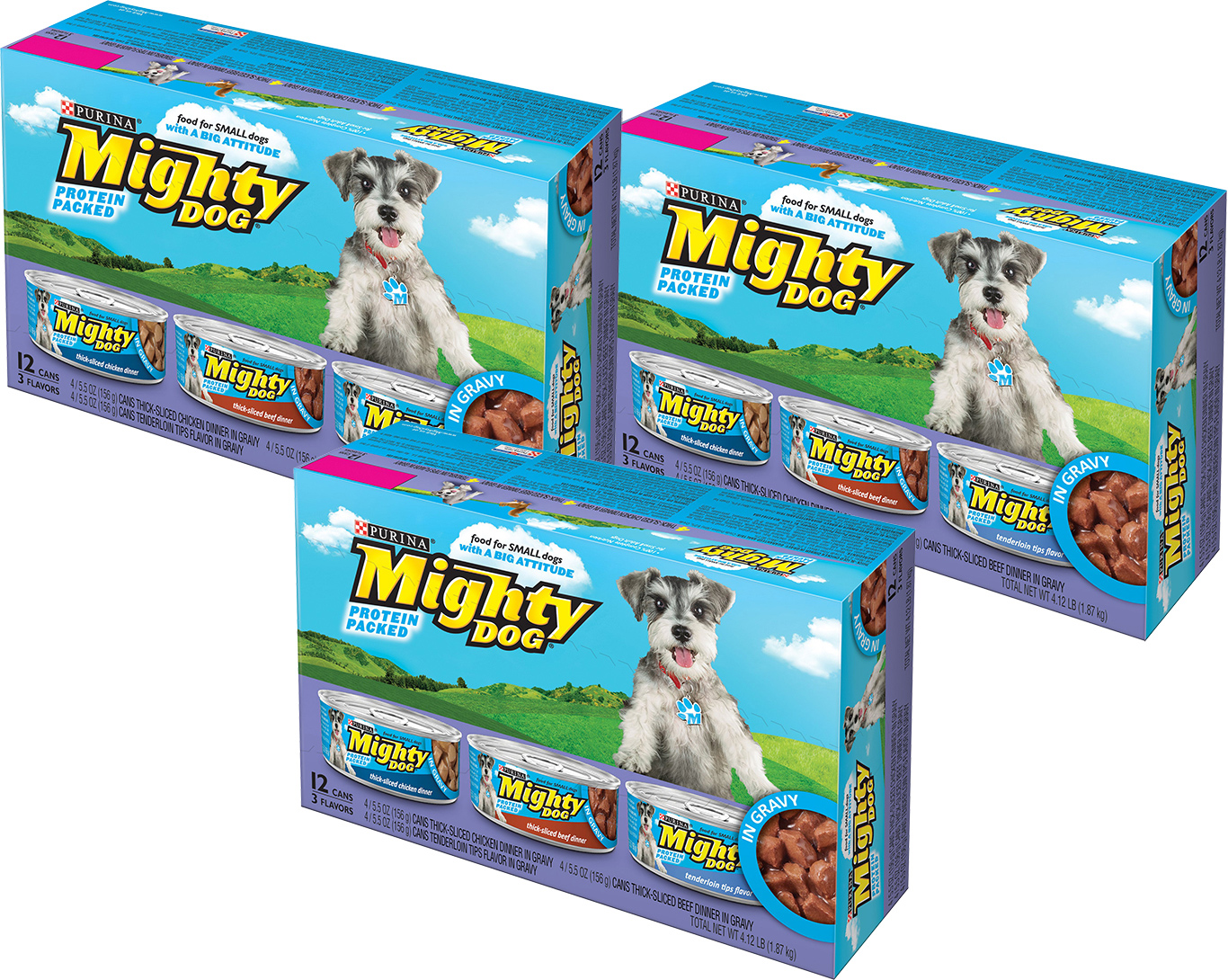 (3 Pack) Mighty Dog Thick-Sliced Chicken, Beef, and Tenderloin Tips Gravy Wet Dog Food Variety