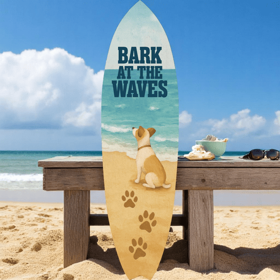 Outdoor Dog Surfboard Wall Decor, Coastal Pet Wall Art for Porch, Pool, Fence, PVC Beach House Decor for Dog Owners, Bark at Waves, 5 foot