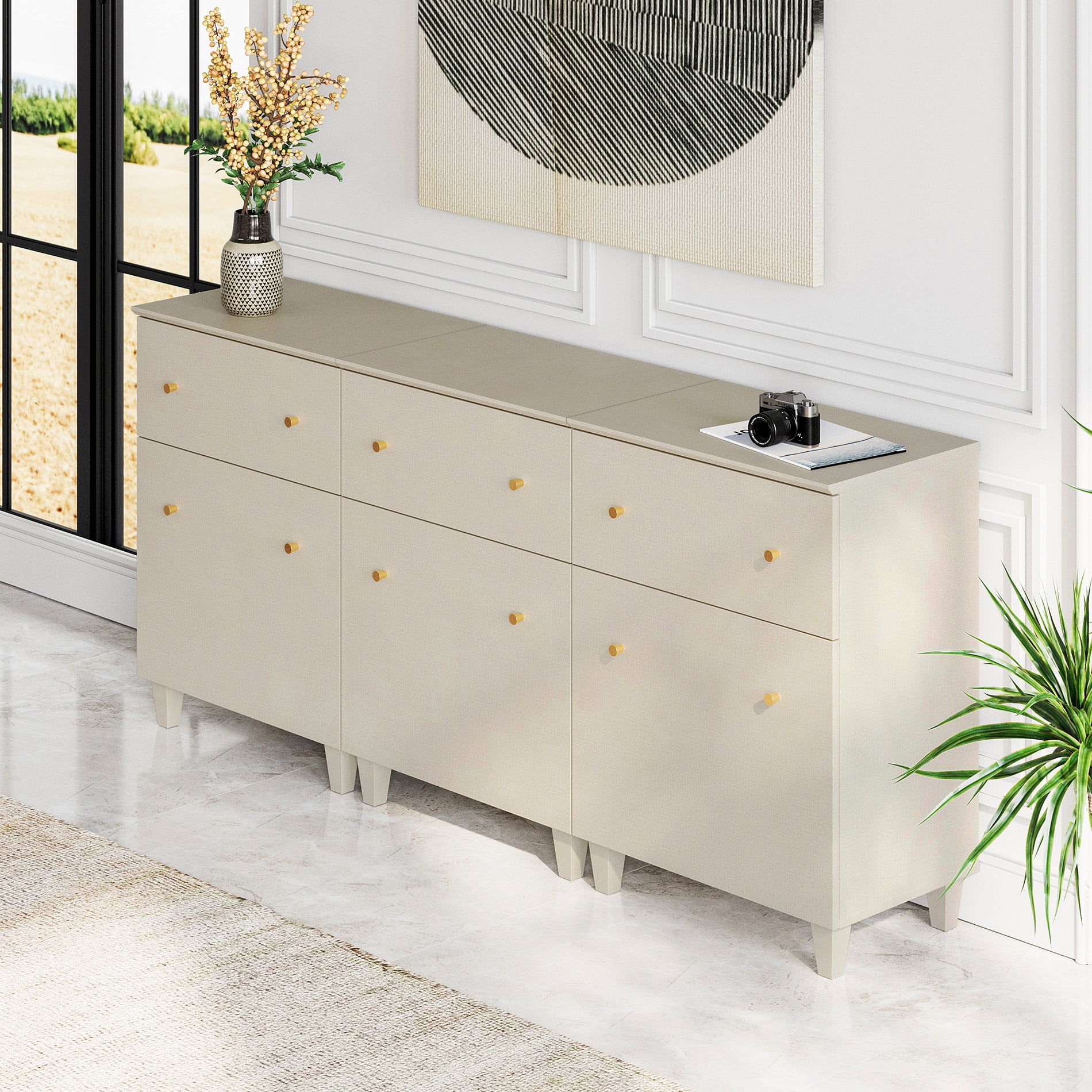 Buffet Storage Cabinet with 3 Drawers and 3 Adjustable Shelves, 71" Wide, Beige Linen Printed Finish, 3 Pack