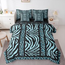 Homewish Leopard Zebra Print 7pcs Bedding Comforter Set for Teesn Female Men,Geometric Stripes Queen Bedding Sets Super Cozy,Black Teal Queen Sheet Sets,Ultra Soft Home Decor,Reversible
