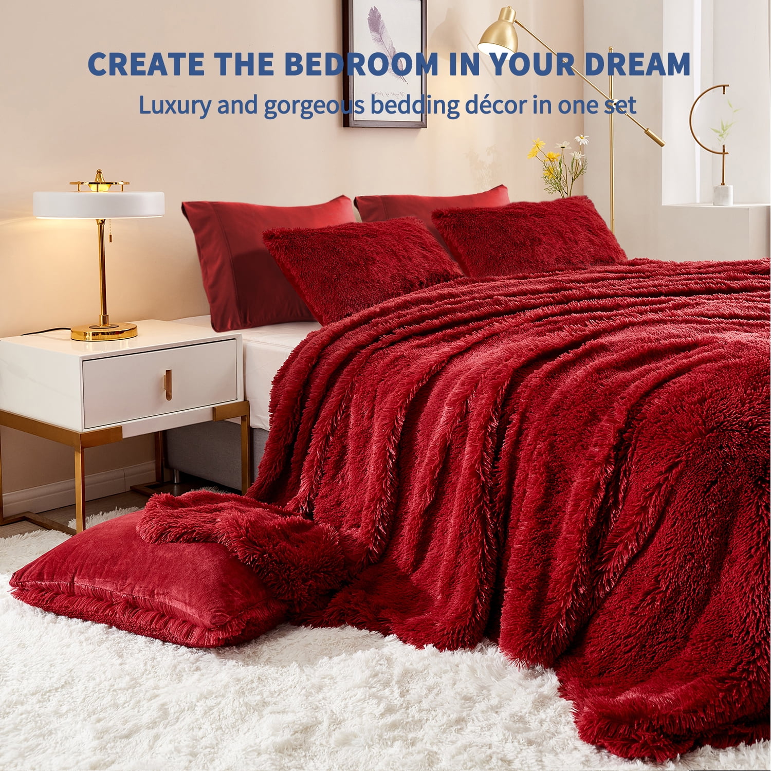 HAOK Queen Plush Shaggy Duvet Cover Set With 2 Pillow Shams,2 Pillowcases,5 Piece,Burgundy